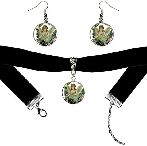 Victorian Angel Garden Black Velvet Choker & Hypoallergenic Steel Earrings Set