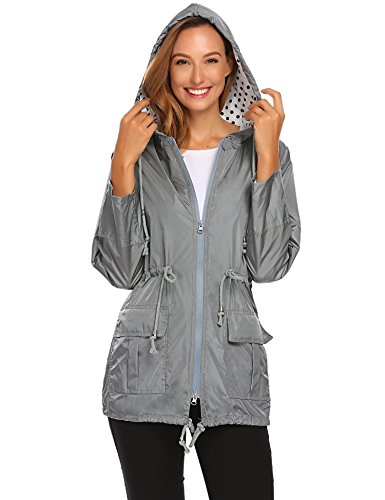 COSBEAUTY Waterproof Lightweight Rain Jacket Active Outdoor Hooded Raincoat for Women, Grey, Medium - Thumbnail 7