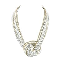 Bocar White Seed Beads Multilayer Chunky Bib Statement Knot Necklace (NK-10316-white)