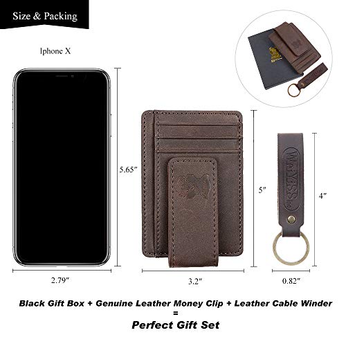 Mens Money Clip Wallet Leather Slim Front Pocket Magnetic RFID Money Clip Wallet (Brown)