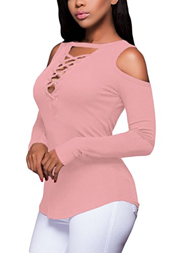 FARYSAYS Womens Long Sleeve Causaul Strapy Pullover Ribbed Blouse Solid Tops Pink ,XX-Large