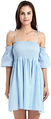 Deargles Womens Off The Shoulder Ruffled Sleeves Cotton Plaid Dress Light Blue L