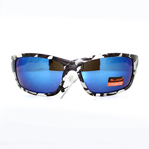 Mens Xloop Sunglasses Wrap Around Rectangular Black Camo Blue Mirror