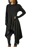 Womens Irregular Hem Double Slit Loose Long Sleeve Hooded Sweater Tunic Dress