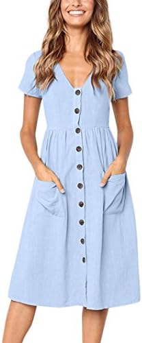 Bringbring Womens Holiday Summer Beach Solid Short Sleeve Buttons Party Dress