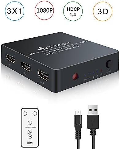 Dinger HDMI Switch, 3 Port 4K HDMI Switches Box with Remote Control and USB Charger Cable, HDMI Video Switcher Hub with Supports Full HD 1080P 3D