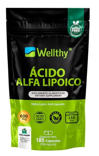 Wellthy Ácido Alfa Lipoico 600mg en SOLO UNA CÁPSULA 185 Cápsulas. 185 Dosis Completas, NON GMO, Vegan Friendly, VCaps Tecnología Cápsulas Veganas, Bottle Free.