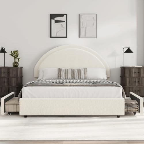 Garvee Queen Size Bed Frame with Storage Drawers, Upholstered Boucle Platform Bed with Round Headboard, Heavy Duty & Noise Free, No Box Spring Needed, Beige