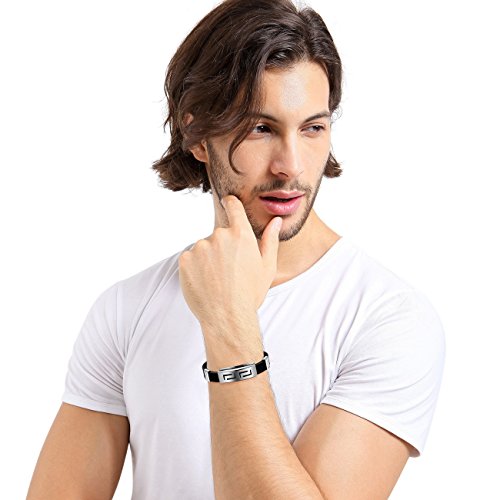 MOWOM Silver Tone Black Stainless Steel Rubber Bracelet Bangle Cuff Greek Adjustable - Thumbnail 6