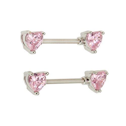 Jewelry Set Kit Lot of 2pcs 316L Surgical Steel 14 Gauge Nipple Piercings Barbells Shields Rings Nipplerings With Pink Heart Shaped Rhinestones Crystals Closures