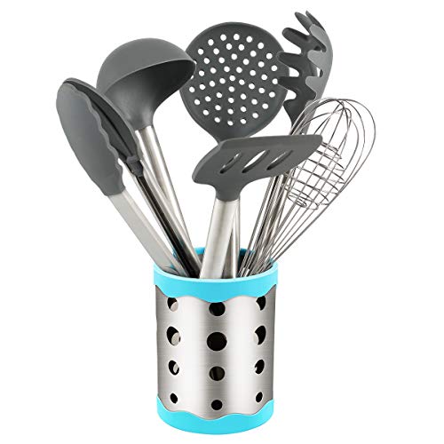 Vasdoo Silicone Kitchen Utensil Set,6 Pieces Cooking Utensil Set With Utensil Holder, Nonstick Cooking Utensil For Cookware With Stainless Steel Handle,Gray