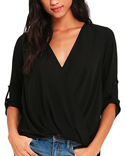 Roswear women s casual v neck cuffed sleeves solid chif…
