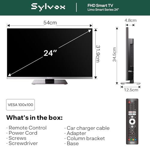SYLVOX Smart Google TV 24" (60cm) for Camper | 1080P | Integrated DVD Player, 12 Volt Televisions Adapter, Triple Tuner DVB-T2/S2, USB, HDMI, Ideal for Caravans, Trucks