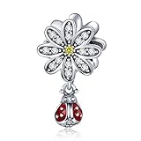BAMOER Charm 925 Sterling Silver Dazzling Daisy Ladybug Charm Fit Bracelet with CZ DIY Accessories Jewelry