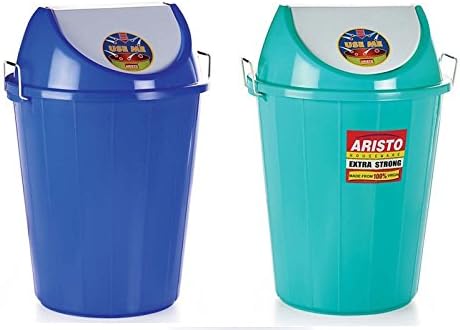 ARISTO Plastic Swing-Lid Wet & Dry Garbage Waste Dustbin Trash Bucket - Can Be Used for Garbage Waste Management (60 Liters, Blue & Green Color) - Pack of 2