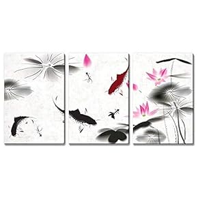3 Panel Canvas Wall Art - Ink Painting Style Fish in The Pond with Lotus Flower - Giclee Print Gallery Wrap Modern Home Art Ready to Hang - 16"x24" x 3 Panels