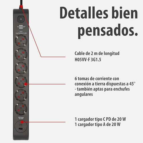 Brennenstuhl 6-Outlet Power Strip with USB and Surge Protection (Power Strip with 1x USB C PD 20W for Fast Charging and 1x USB A 20W, Switch, 2m Cord) Black