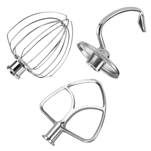 Stainless Steel 3-Piece Attachment Kit for KitchenAid 4.5-5 Quart Tilt-Head Mixers – K45 6-Wire Whip, Flat Beater & Dough Hook, Dishwasher Safe, Compatible with Artisan & Classic – by MMOBIEL