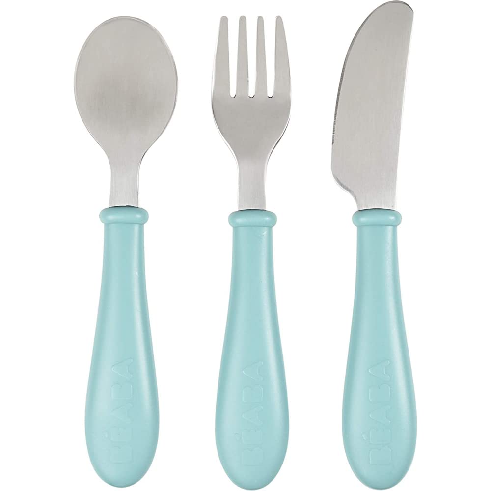 Beaba - Baby and Kid training set - Stainless Steel 2nd Age - Easy Grip Baby Cutlery Set - Airy Green