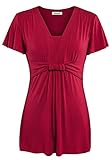 Ninedaily Women Tunics V-neck Ruffles Short Sleeve Draped Shoulder Blouse Top Wine Red XL