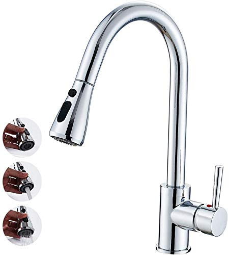 Drenky Kitchen Mixer Tap Cold & Hot Water Solid Brass, 3-Mode Pull Out Spray, 360° Swivel Chrome Tap, Single Hole Deck Mount Sink Faucet (Silver)