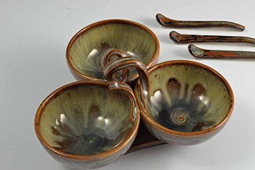 Ceramic, Tan &amp; Beige Triple Bowl Condiment Set, Pottery