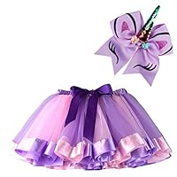 BGFKS Layered Ballet Tulle Rainbow Tutu Skirt for Little Girls Dress Up with Matching Sparkly Unicorn Hairbow (Purple, M,2-4 Years)