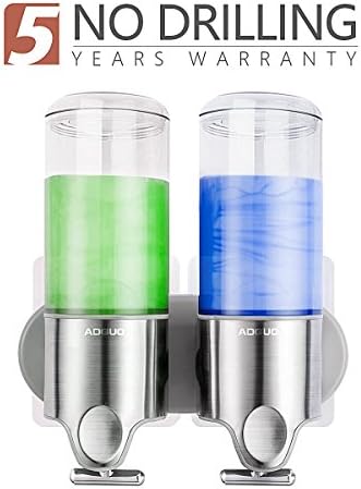 KRY Soap Dispenser 2-chamber wall mount NO DRILLING, Shower Double Pump, Food grade PC plastic Bottles, Stainless Steel Panel, Zinc Metal T-bar, 15 oz x 2