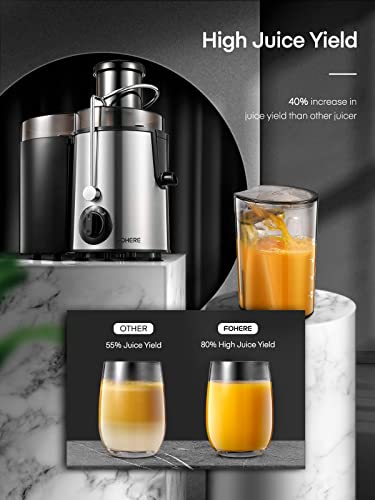 Juicer Machines, FOHERE Centrifugal Juicer Extractor Max Power 900W,Large 3” Feed Chute for Whole Fruit and Vegetables,3 Speed Control, 400w Motor,Cleaning Brush and Recipe Included (Silver)