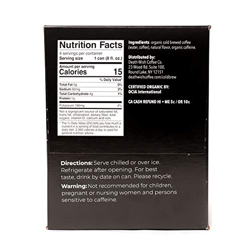 Death Wish Coffee, Cold Brew Cans, The World's Strongest Coffee, Organic Iced Coffee Drink - 8 Ounces - 300 mg of caffeine - 4 Pack (Unsweetened Black)