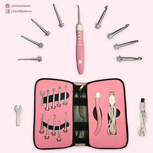 [2nd Gen] Yarn Mania Aiyana Crochet Hooks | Light Up Crochet Hooks with 9 Sizes Interchangeable Aluminum Heads | Ergonomic Curve Shape, Soft Handle and Two Brightness Settings (Light Pink)