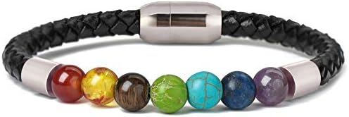 Ckysee 7 Chakra Lava Rock Bracelet Healing Balancing Genuine Leather Bracelets with Magnetic Clasp Tiger Eye Agate Howlite for Men