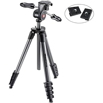 Manfrotto MKCOMPACTADV-BK Compact Advanced Tripod with 3-Way Head (Black) - With Two ZAYKiR Quick Release Plates for the RC2 Rapid Connect Adapter