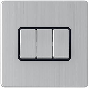 AET SL3GSWIBS 3 Gang 10 A Screwless Black Insert Metal Rocker Switch, Silver