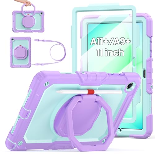 Sanyetral Galaxy Tab A11+ Case, Heavy Duty Case for Samsung Galaxy Tab A11 Plus/A9 Plus 11'' 2025/2023, with Screen Protector, 360 Rotating Stand and Pencil Holder (Cyan + Purple)