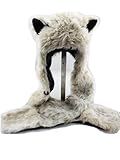 Snow Leopard Faux Fur Hoodie Hat Long Cap with Mittne Scarfs Ears & Paw Print 3 in 1 by HatButik.