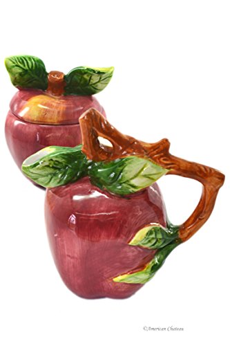 Handpainted Large Red Apple Decor Ceramic Sugar Jar and Creamer Milk Set