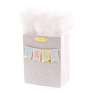Hallmark 9″ Medium Baby Gift Bag with Tissue Paper – Baby Banner in Grey, Pink and Blue for Baby Showers, New Parents, and More