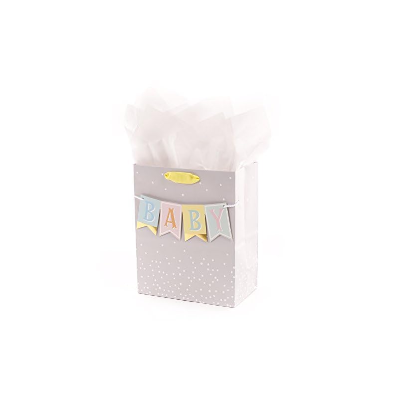 Hallmark 9″ Medium Baby Gift Bag with Tissue Paper – Baby Banner in Grey, Pink and Blue for Baby Showers, New Parents, and More