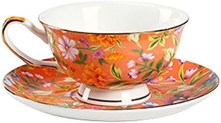 Rainie Love 7.4 Oz Flower Printed Porcelain Tea or Coffee Cup Set with Saucer(Black/Green/Orange/White)