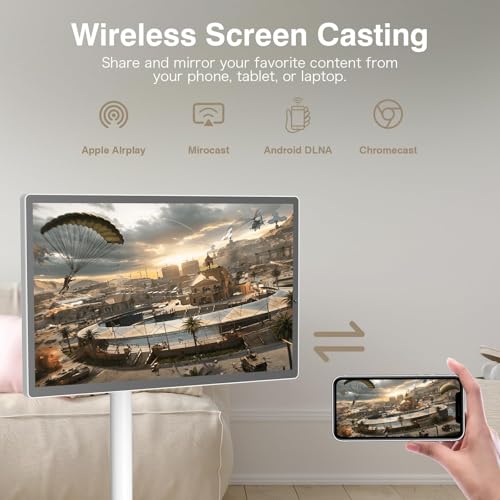24 Inch Rolling Smart TV with 1080P Touch Screen | Android 13 OS | MTK 8-core CPU | 6G+128G Storage | Built-in 13MP Camera | Remote Voice Control | Full Rotation Portable TV on Wheels