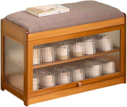 Bamboo Shoe Bench, 3-Tier Shoe Bench Cabinet with Cushion, Dust-Blocking Acrylic Doors, Shoe Organizer Storage Rack for Entryway, Hallway, Living Room, Bedroom