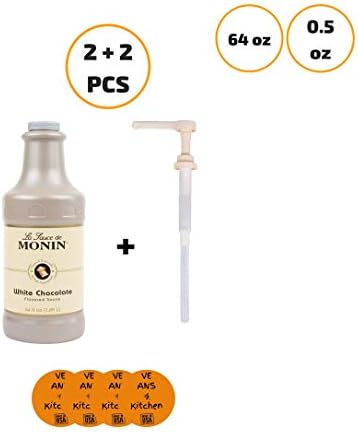 Monin 64 oz. White Chocolate Flavoring Sauce (2 pcs) with Monin 0.5 oz. Sauce Pump (2 pcs) - w/coasters