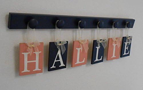 Baby Nursery Wall Letters Personalized Name Set with 6 Wooden Plaque Letters Coral and Navy and Wooden Hanging Hooks