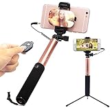 WISDORIGIN Selfie Stick For iPhone 7 Plus, 7, 6s, 6, 6 Plus, 5,Android Galaxy and all other smartphones Wire Control Bluetooth Monopod With Big Mirror Come With Remote Shutter and Tripod(Rose Gold)