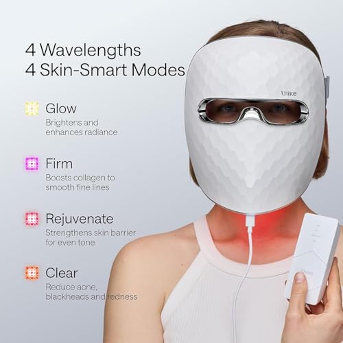 Ulike ReGlow LED Face Mask, Red Light Therapy Mask, Wrinkle Reduction, 4 Modes with Red, Blue, Yellow & Infrared Lights for Brightening & Acne Treatment, Eye-Protection, Skin Care Gifts