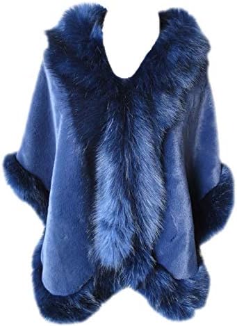 Women's Faux Rex Rabbit Fur Cape Poncho with Faux Fox Fur Trim Shawl Coat Wedding Party