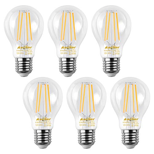 Ascher 60 Watt Equivalent, E26 LED Filament Light Bulbs, Warm White 2700K, Non-Dimmable, Classic Clear Glass, A19 LED Light Bulb/6-Pack