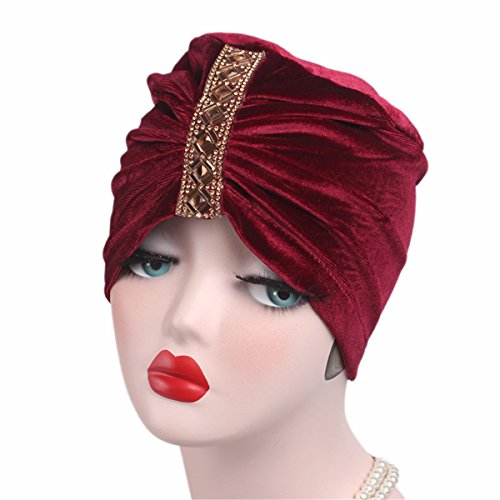 Qhome Womens Diamante Velvet Chemo Cap Sleep Turban Hat Liner for Cancer Hair Loss