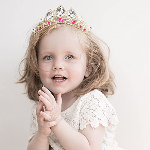 Princess Tiaras for Girls Rapunzel Crown Tiara Headband Pearl Rhinestone Birthday Girl Colored Crystal Wedding Flower Party Prom Cosplay Kids Hair Accessories, Gold + Clear Ruby, Pink, 4.33*7.39